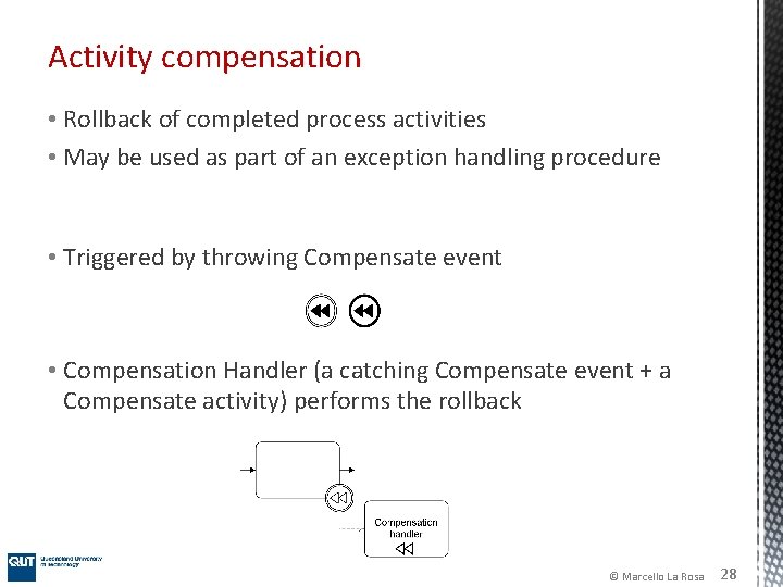 Activity compensation • Rollback of completed process activities • May be used as part