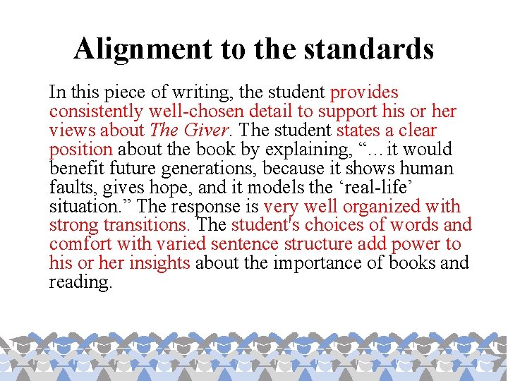 Alignment to the standards In this piece of writing, the student provides consistently well-chosen