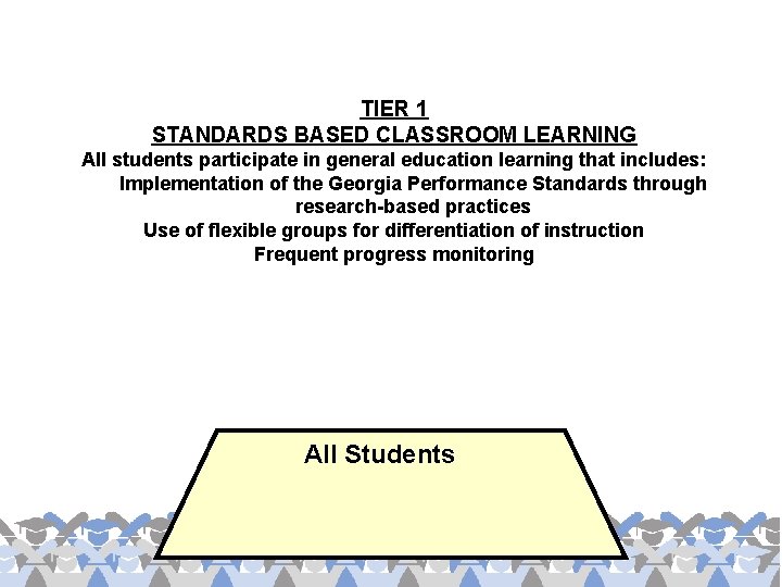 TIER 1 STANDARDS BASED CLASSROOM LEARNING All students participate in general education learning that