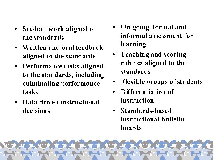  • Student work aligned to the standards • Written and oral feedback aligned