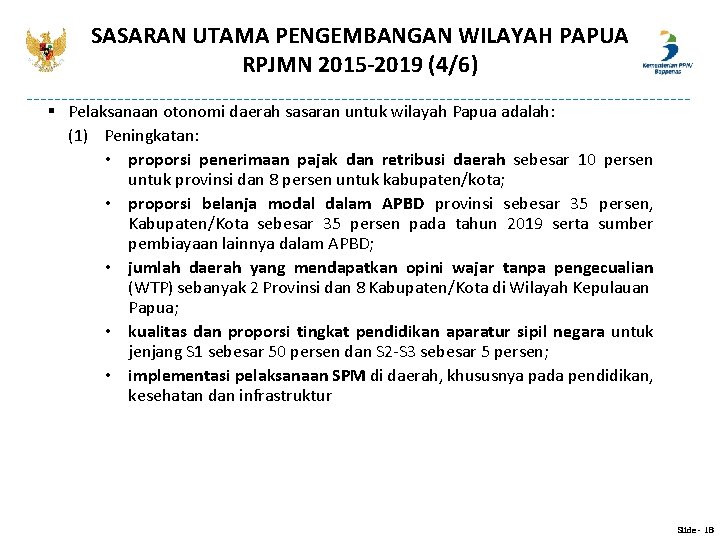 SASARAN UTAMA PENGEMBANGAN WILAYAH PAPUA RPJMN 2015 -2019 (4/6) § Pelaksanaan otonomi daerah sasaran SASARAN UTAMA PENGEMBANGAN WILAYAH PAPUA RPJMN 2015 -2019 (4/6) § Pelaksanaan otonomi daerah sasaran