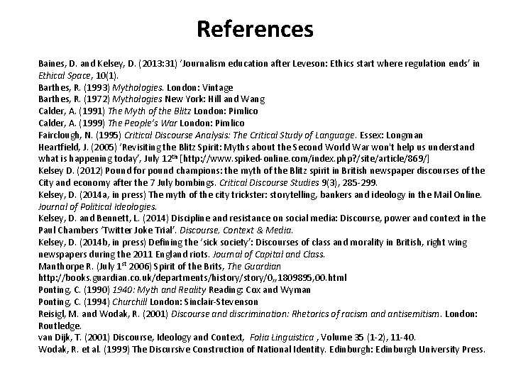 References Baines, D. and Kelsey, D. (2013: 31) ‘Journalism education after Leveson: Ethics start