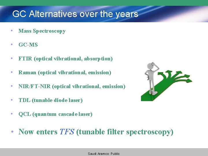 GC Alternatives over the years • Mass Spectroscopy • GC-MS • FTIR (optical vibrational,