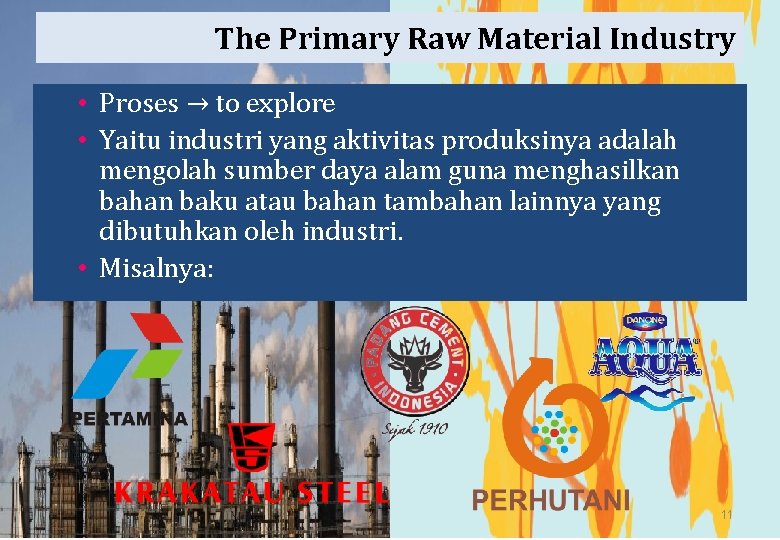 The Primary Raw Material Industry • Proses → to explore • Yaitu industri yang