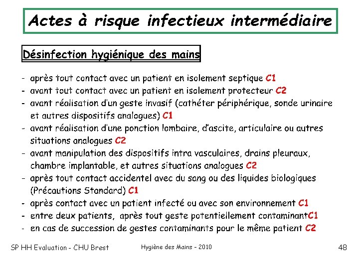 Actes à risque infectieux intermédiaire SP HH Evaluation - CHU Brest Hygiène des Mains