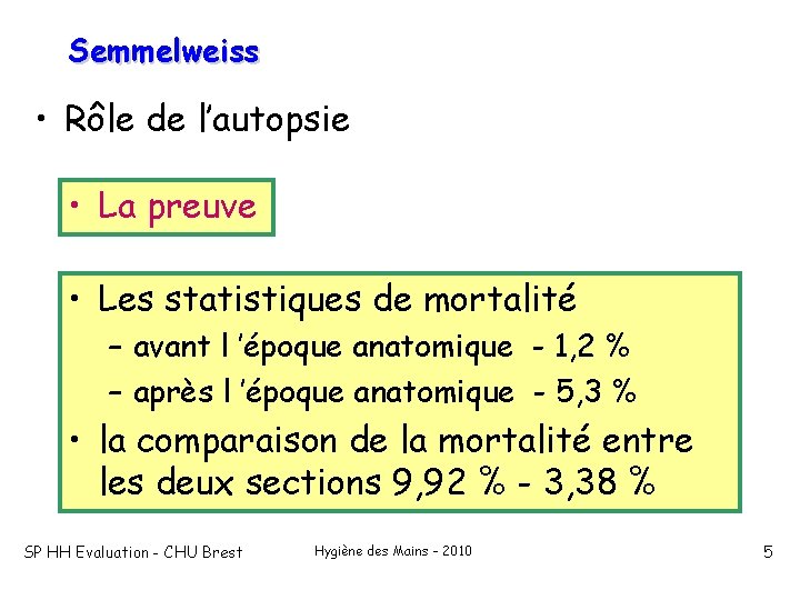 Semmelweiss • Rôle de l’autopsie • La preuve • Les statistiques de mortalité –