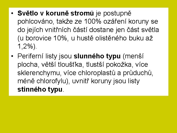 • Světlo v koruně stromů je postupně pohlcováno, takže ze 100% ozáření koruny