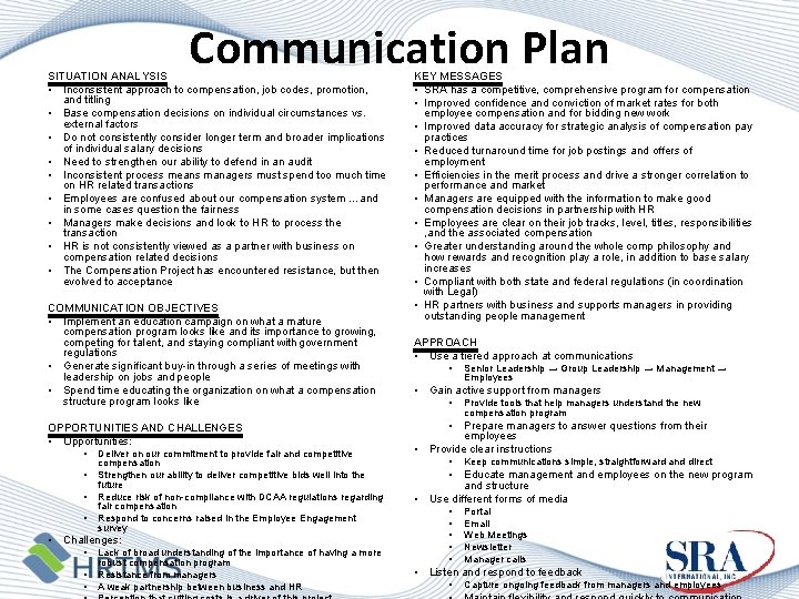 Communication Plan SITUATION ANALYSIS • Inconsistent approach to compensation, job codes, promotion, and titling