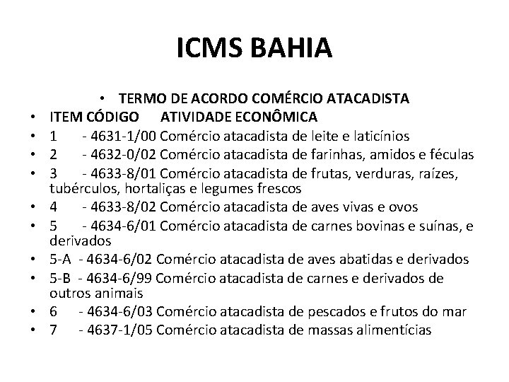 ICMS BAHIA • • • TERMO DE ACORDO COMÉRCIO ATACADISTA ITEM CÓDIGO ATIVIDADE ECONÔMICA