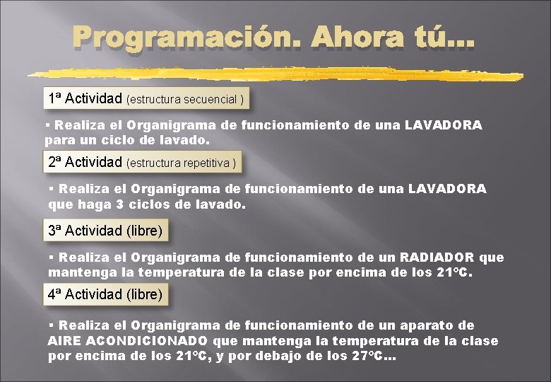 Programación. Ahora tú… 1ª Actividad (estructura secuencial ) § Realiza el Organigrama de funcionamiento