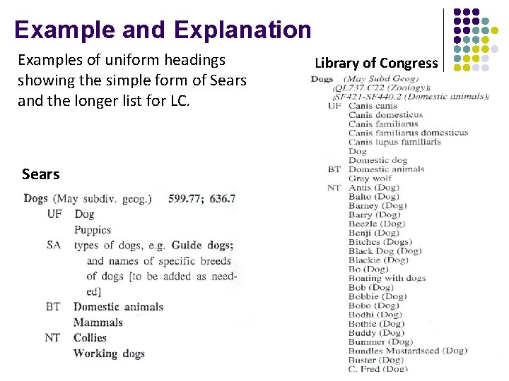 Example and Explanation Examples of uniform headings showing the simple form of Sears and