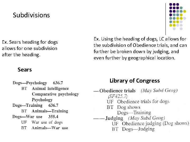 Subdivisions Ex. Sears heading for dogs allows for one subdivision after the heading. Ex.