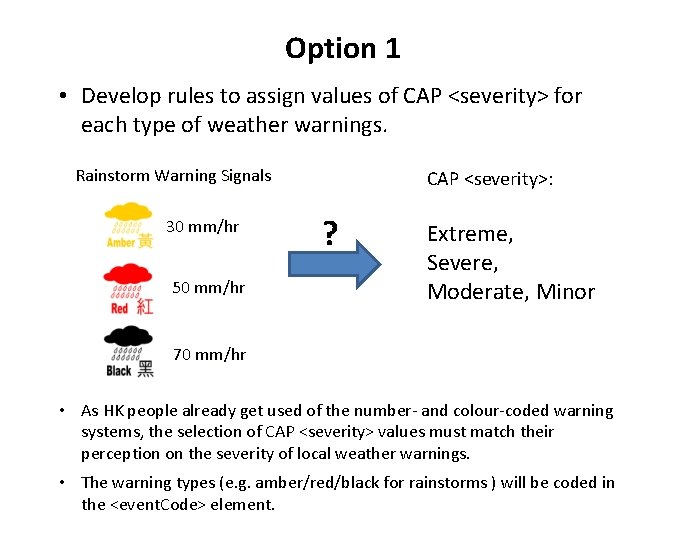 Option 1 • Develop rules to assign values of CAP <severity> for each type