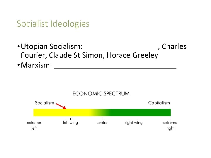 Socialist Ideologies • Utopian Socialism: _________, Charles Fourier, Claude St Simon, Horace Greeley •