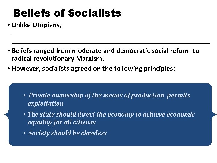 Beliefs of Socialists • Unlike Utopians, _______________________________________________________ • Beliefs ranged from moderate and democratic