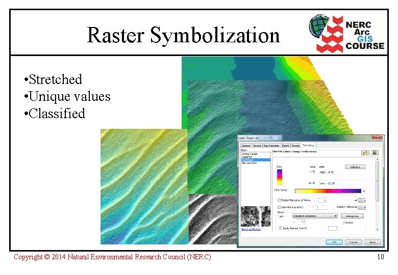 Raster Symbolization • Stretched • Unique values • Classified Copyright © 2014 Natural Environmental