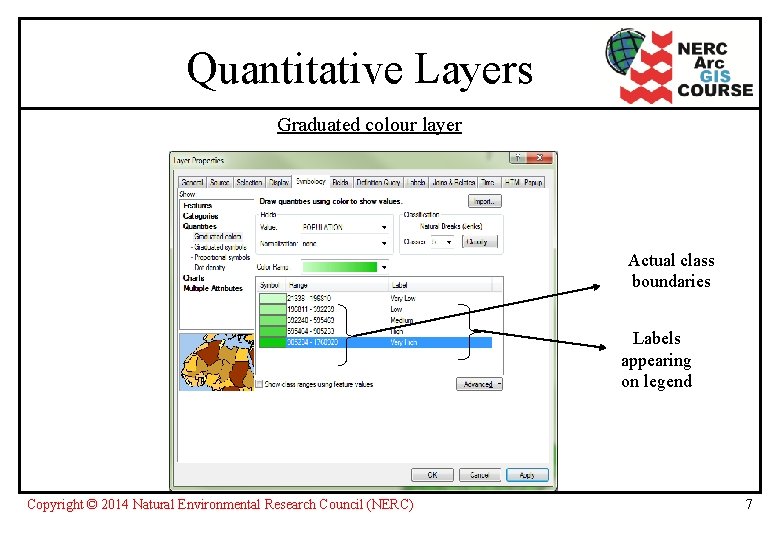 Quantitative Layers Graduated colour layer Actual class boundaries Labels appearing on legend Copyright ©