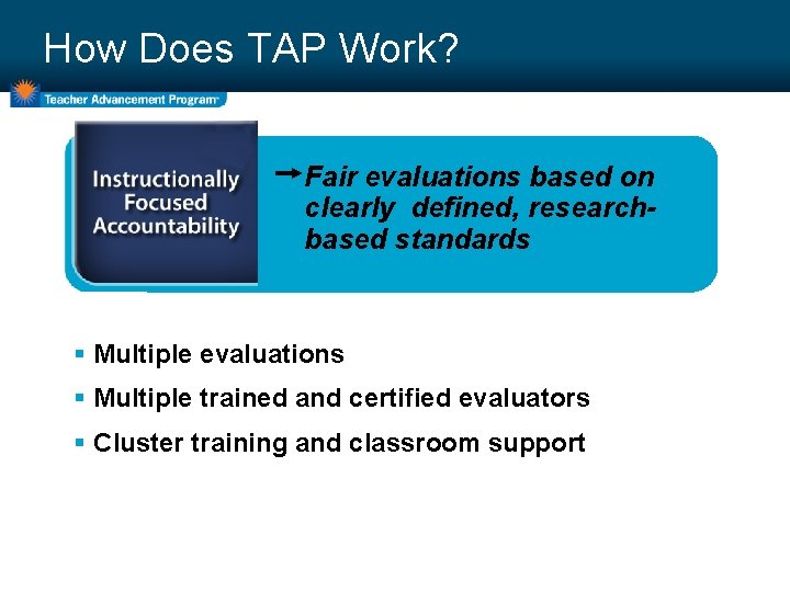 How Does TAP Work? Fair evaluations based on clearly defined, researchbased standards § Multiple