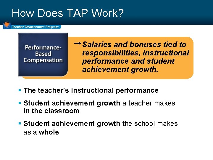 How Does TAP Work? Salaries and bonuses tied to responsibilities, instructional performance and student