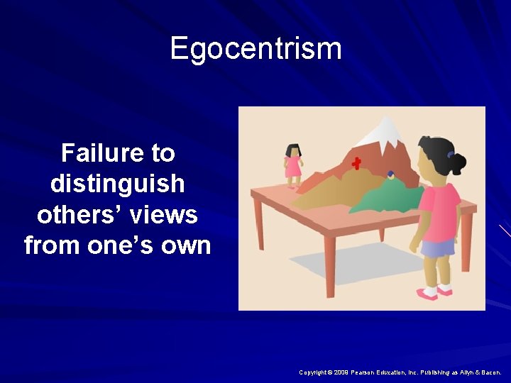 Egocentrism Failure to distinguish others’ views from one’s own Copyright © 2009 Pearson Education,