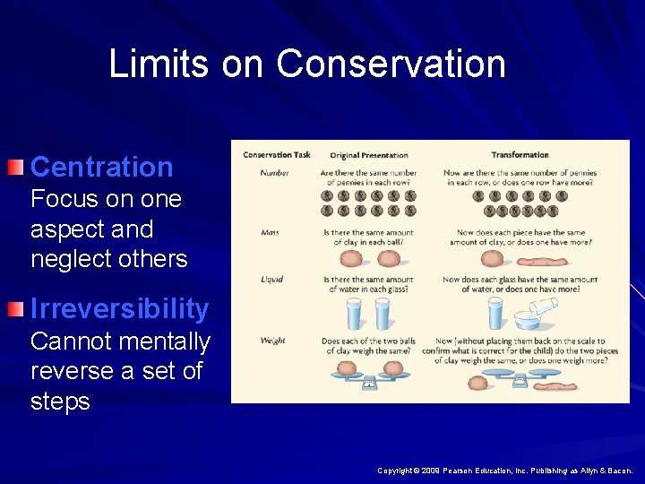 Limits on Conservation Centration Focus on one aspect and neglect others Irreversibility Cannot mentally