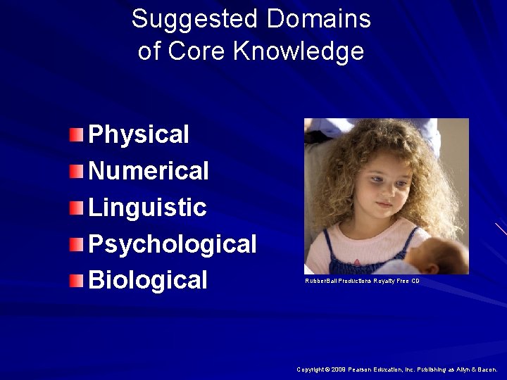 Suggested Domains of Core Knowledge Physical Numerical Linguistic Psychological Biological Rubber. Ball Productions Royalty