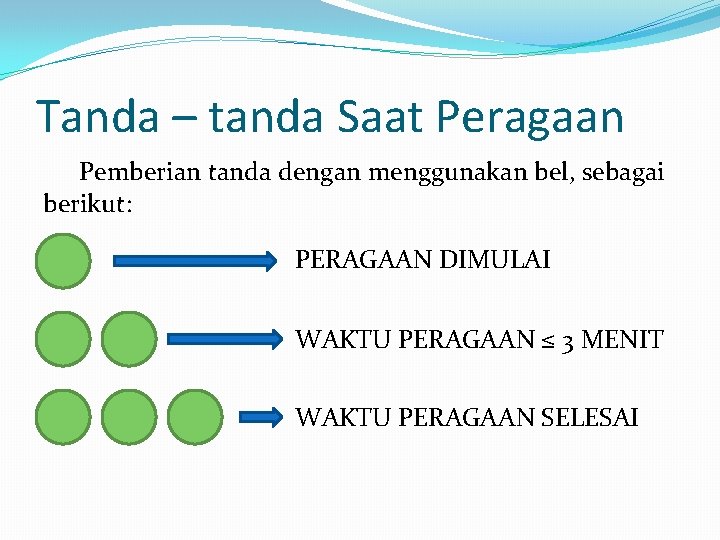 Tanda – tanda Saat Peragaan Pemberian tanda dengan menggunakan bel, sebagai berikut: PERAGAAN DIMULAI