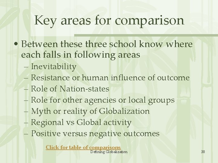 Key areas for comparison • Between these three school know where each falls in