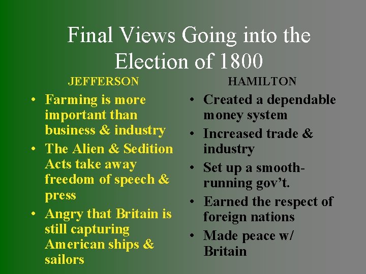 Final Views Going into the Election of 1800 JEFFERSON HAMILTON • Farming is more