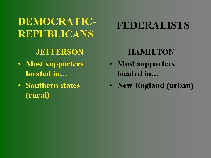 DEMOCRATICREPUBLICANS JEFFERSON • Most supporters located in… • Southern states (rural) FEDERALISTS HAMILTON •