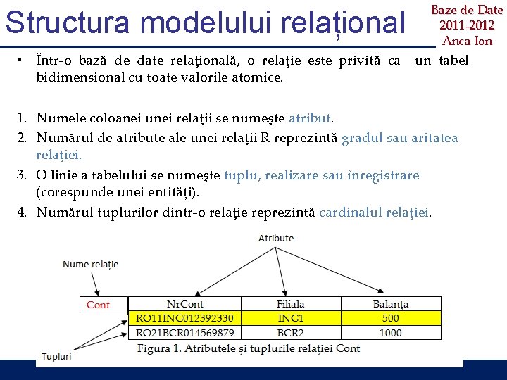 Structura modelului relațional Baze de Date 2011 -2012 Anca Ion • Într-o bază de