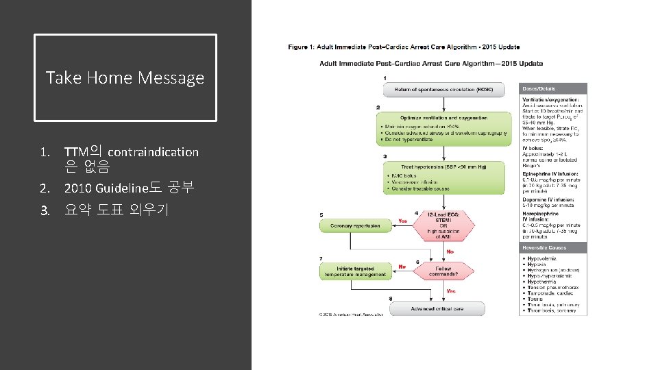 Take Home Message 1. TTM의 contraindication 은 없음 2. 2010 Guideline도 공부 3. 요약 Take Home Message 1. TTM의 contraindication 은 없음 2. 2010 Guideline도 공부 3. 요약