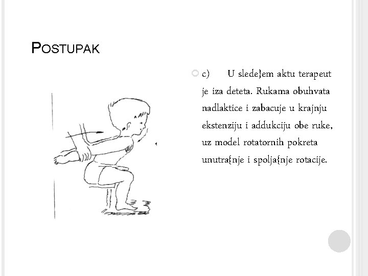 POSTUPAK c) U slede}em aktu terapeut je iza deteta. Rukama obuhvata nadlaktice i zabacuje