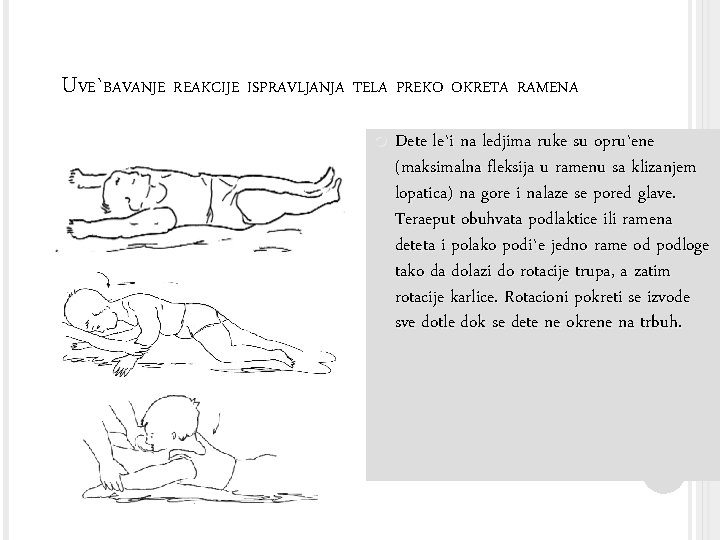 UVE`BAVANJE REAKCIJE ISPRAVLJANJA TELA PREKO OKRETA RAMENA Dete le`i na ledjima ruke su opru`ene