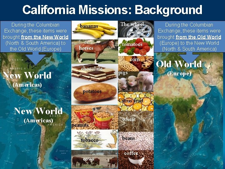 California Missions: Background During the Columbian Exchange, these items were brought from the New