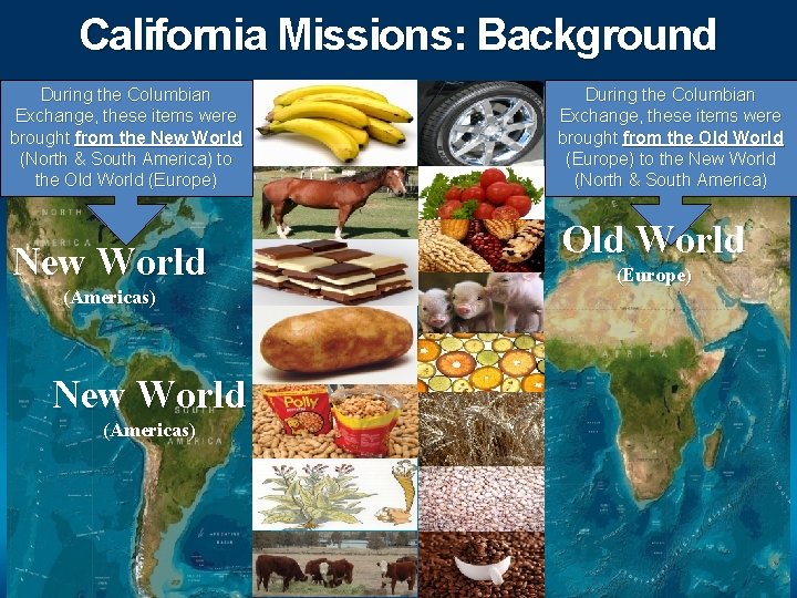 California Missions: Background During the Columbian Exchange, these items were brought from the New