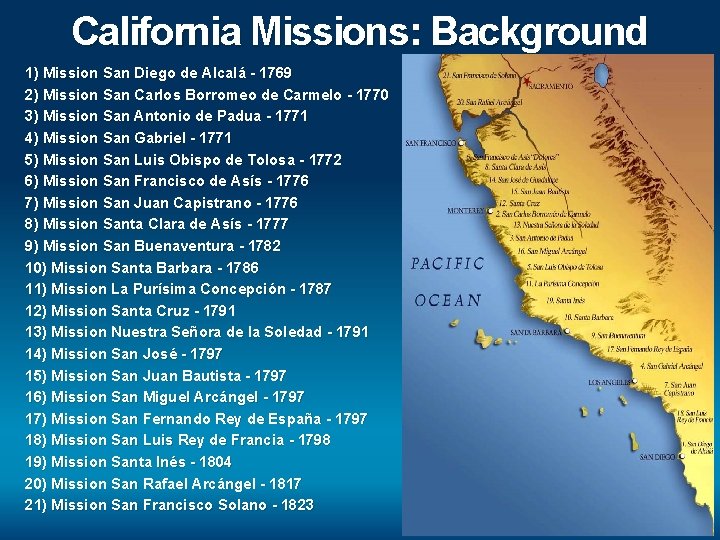 California Missions: Background 1) Mission San Diego de Alcalá - 1769 2) Mission San