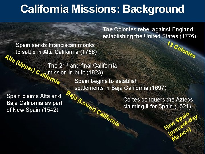 California Missions: Background Alt Spain sends Franciscan monks to settle in Alta California (1768)