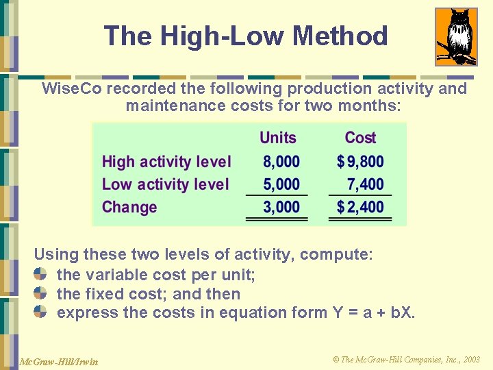 The High-Low Method Wise. Co recorded the following production activity and maintenance costs for