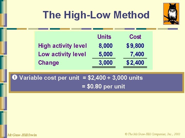 The High-Low Method Variable cost per unit = $2, 400 ÷ 3, 000 units