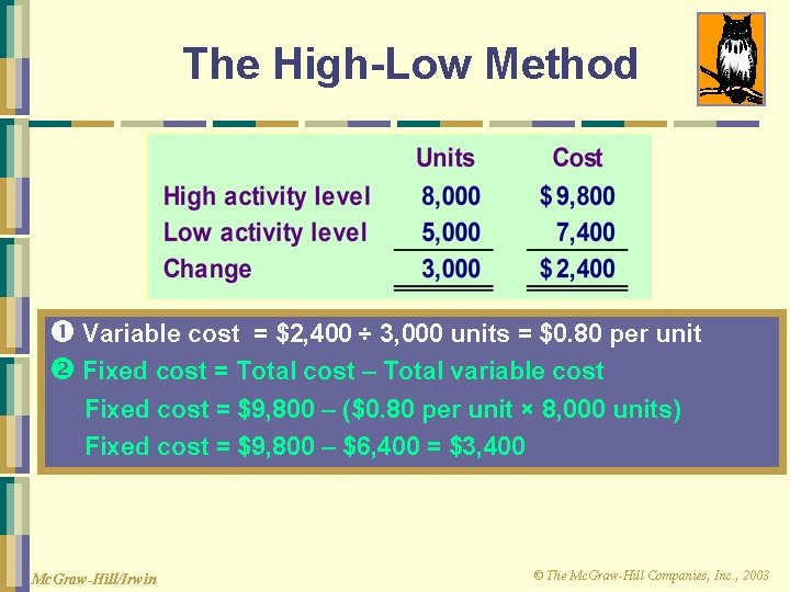 The High-Low Method Variable cost = $2, 400 ÷ 3, 000 units = $0.