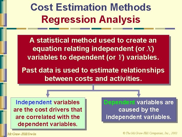 Cost Estimation Methods Regression Analysis A statistical method used to create an equation relating