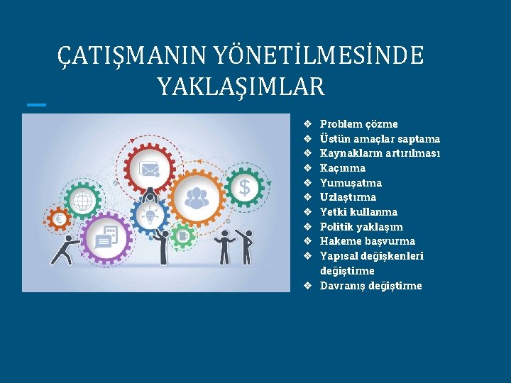 ÇATIŞMANIN YÖNETİLMESİNDE YAKLAŞIMLAR Problem çözme Üstün amaçlar saptama Kaynakların artırılması Kaçınma Yumuşatma Uzlaştırma Yetki