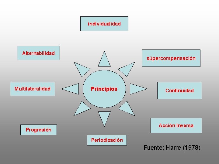 individualidad Alternabilidad Multilateralidad súpercompensación Principios Continuidad Acción Inversa Progresión Periodización Fuente: Harre (1978) 