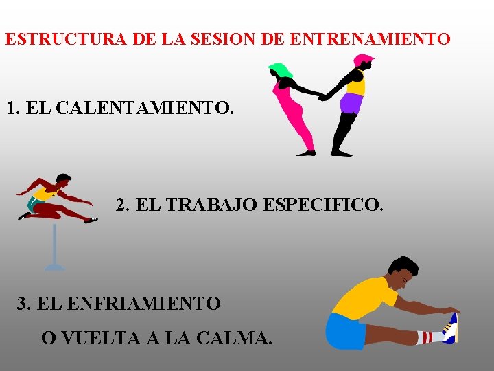 ESTRUCTURA DE LA SESION DE ENTRENAMIENTO 1. EL CALENTAMIENTO. 2. EL TRABAJO ESPECIFICO. 3.