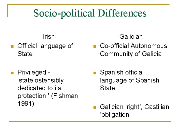 Socio-political Differences n n Irish Official language of State Privileged - ‘state ostensibly dedicated