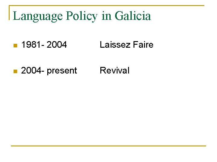 Language Policy in Galicia n 1981 - 2004 Laissez Faire n 2004 - present
