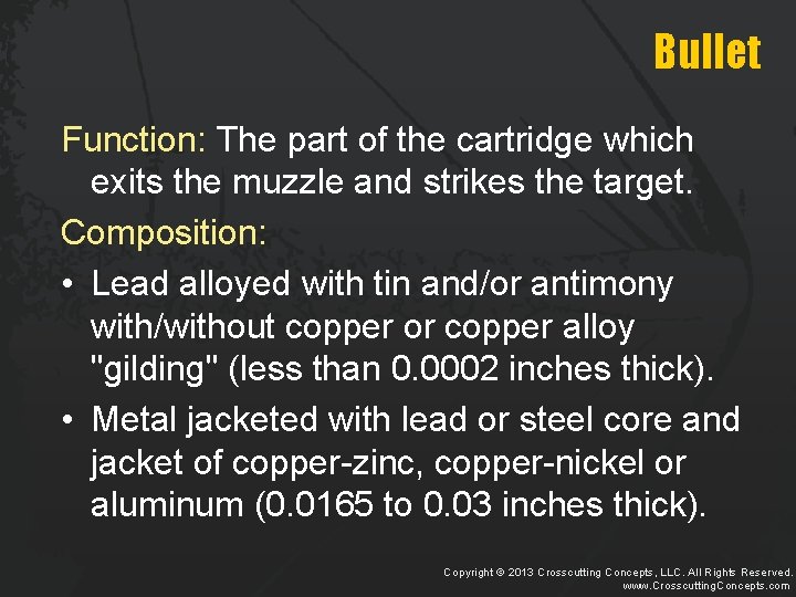 Bullet Function: The part of the cartridge which exits the muzzle and strikes the