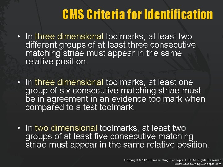 CMS Criteria for Identification • In three dimensional toolmarks, at least two different groups