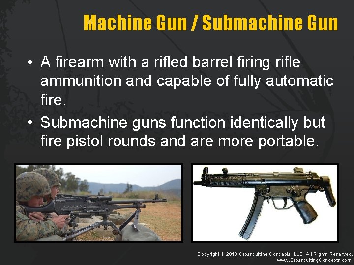 Machine Gun / Submachine Gun • A firearm with a rifled barrel firing rifle